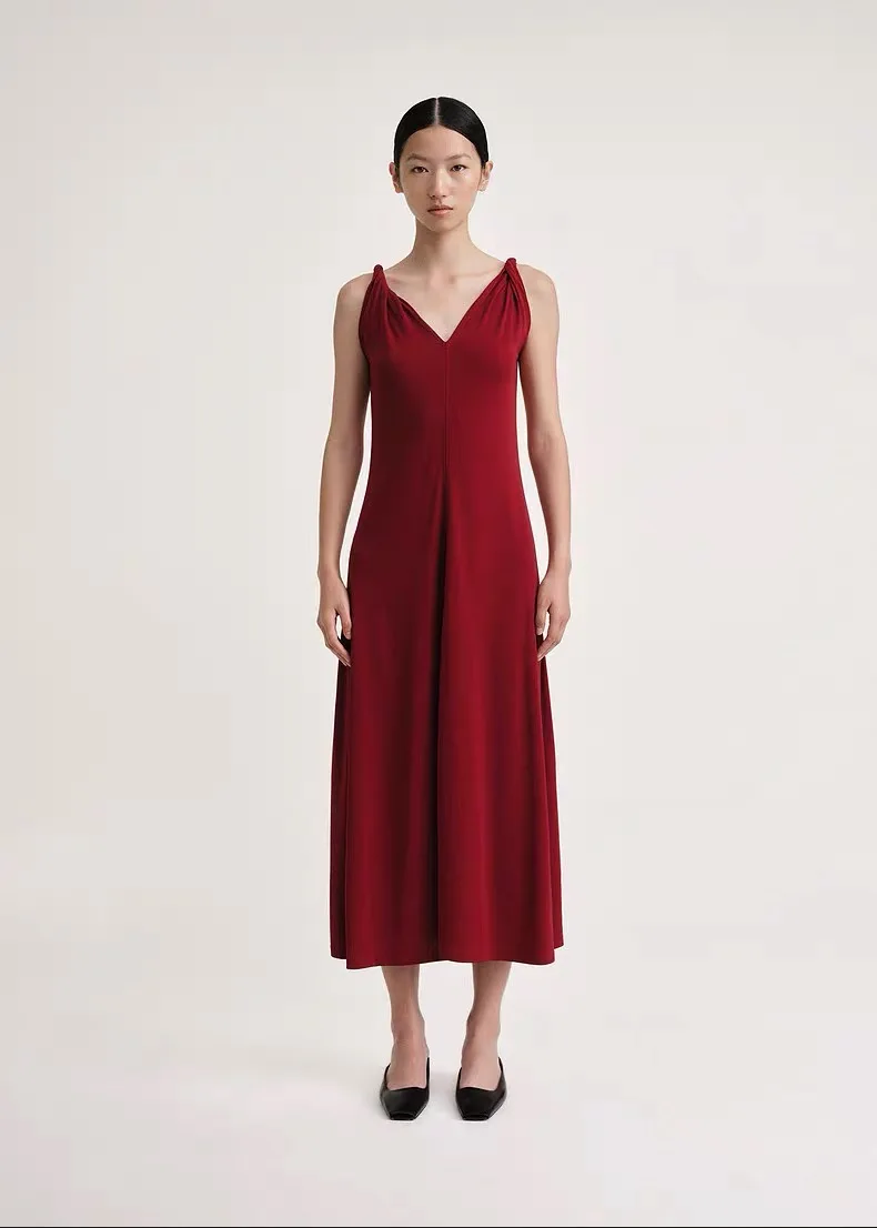 T0teme* Summer/Spring Women Dress Polyester Viscose V-neck Sleeveless Red Color Ankle-Length Spaghetti Loose Waist
