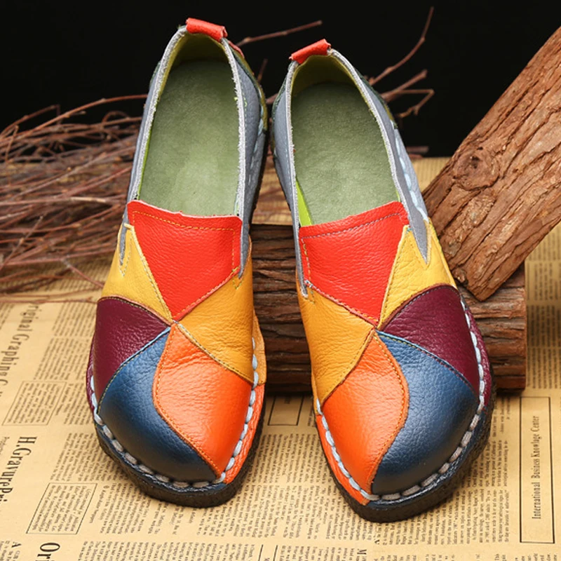 

Fashion Women Loafers Patches Stitching Flat Shoes Woman Summer Flats Soft Candy Colors Genuine Leather Moccasins Loafers 2023