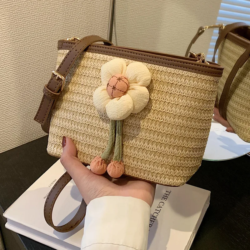 

Elegant Ladies Straw Woven Handbag Women Holiday Beach Bucket Bag Casual Tote Crossbody Bag Fashion Shoulder Bags 2023 Summer