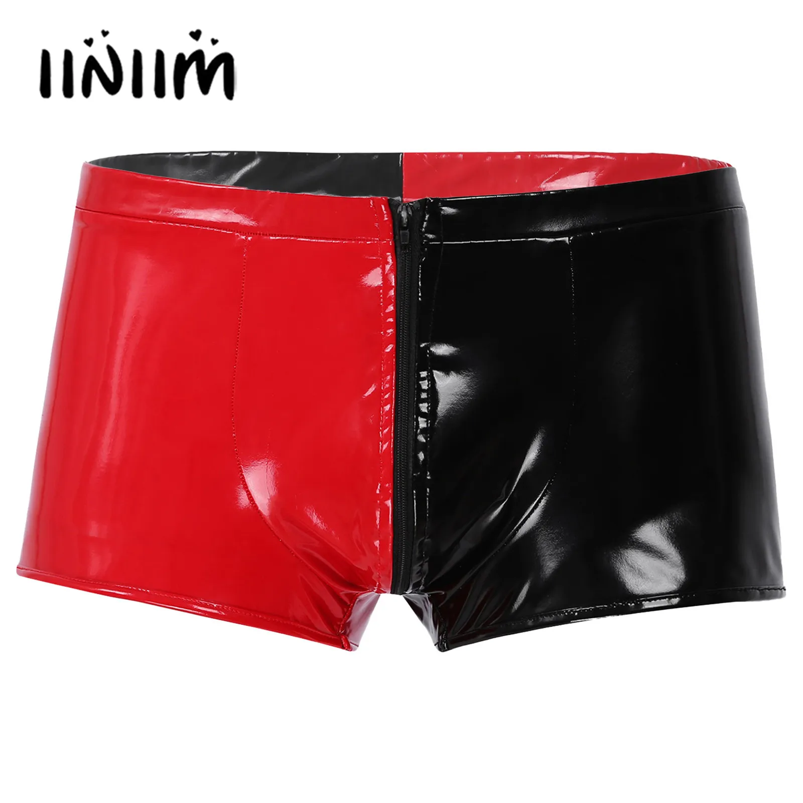 

MensWet Look Patent Leather Boxer Briefs Shorts Lingerie Zipper Crotch Underwear Underpants Sheer Mesh Patchwork Sexy Shorts