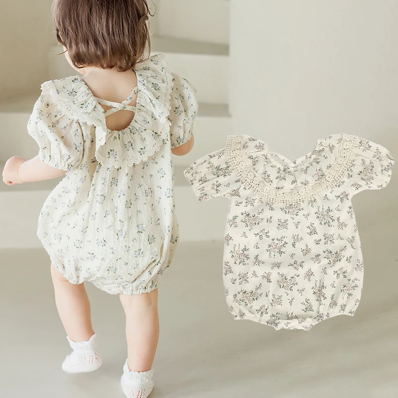 2Pcs Korean Lace Ruffle Cute Baby Romper With Hat Set Infant Vintage Floral Long Sleeve Jumpsuit Toddler Baby Girl Sweet Clothes