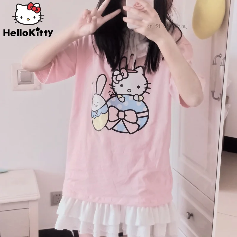 

Lovely Sanrio Cartoon Hello Kitty Women New Pattern T Shirts Female Cotton Summer Tees Lady Short Sleeve Casual Streetwear Tops