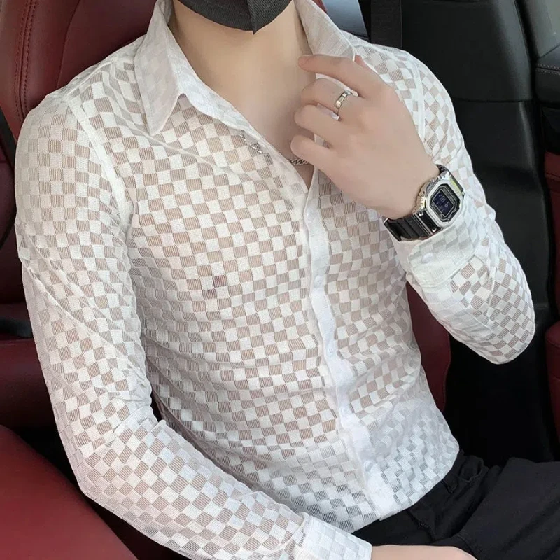 Новинка весна-осень модная мужская одежда в клетку рубашки с длинным рукавом и