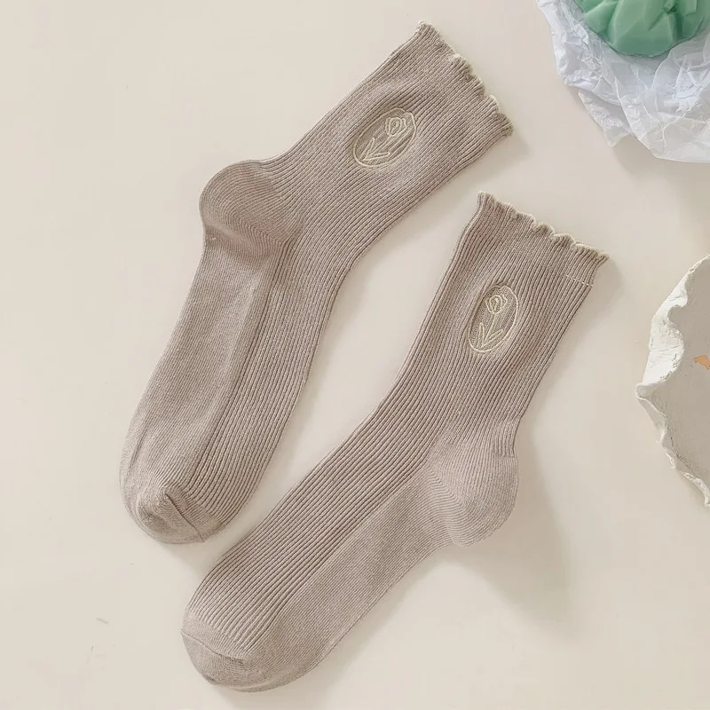 10 Pairs Tulip Flower Embroidery Women Socks New Fashion Frilly Solid Color Cute Kawaii Socks For Girls Harajuku 2023 New