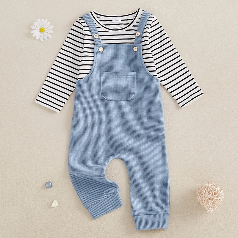 Kids Boys 2-piece Outfit Long Sleeve Striped T-shirt with Suspender Pants Fall