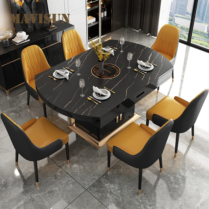 

Практичная черно-белая каменная тарелка длинный обеденный стол для маленькой гостиной Домашний набор мебели 6 стульев внутри Лофт