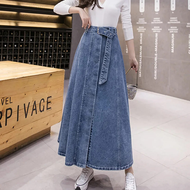 

Women High Waist Big Hem Casual Denim Umbrella Skirts Spring Patchwork A-Line Solid Fashion Chic Long Skirt with Buttons Female