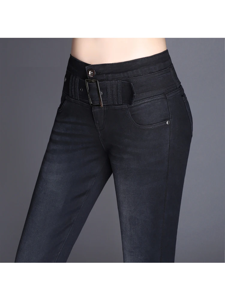 Xisteps 2022 Autumn Winter Warm Velvet Jeans Women Vintage Skinny Jeans Female Stretch Trousers Women Denim Pants With Belt