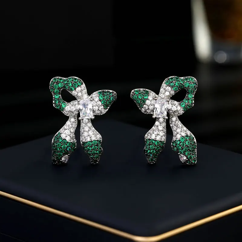 

Bilincolor Creative Design Light Luxury Silver Needle Zircon Inlaid Bow Tie Earrings for Women