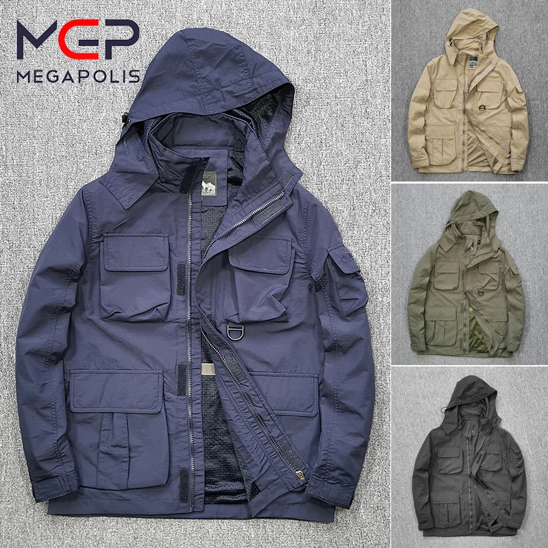 

Field Jacket hooded Spring Autumn Hunting Outdoor Functional Waterproof Multi-pocket Fashion Men's Tooling Casual Thin Coat