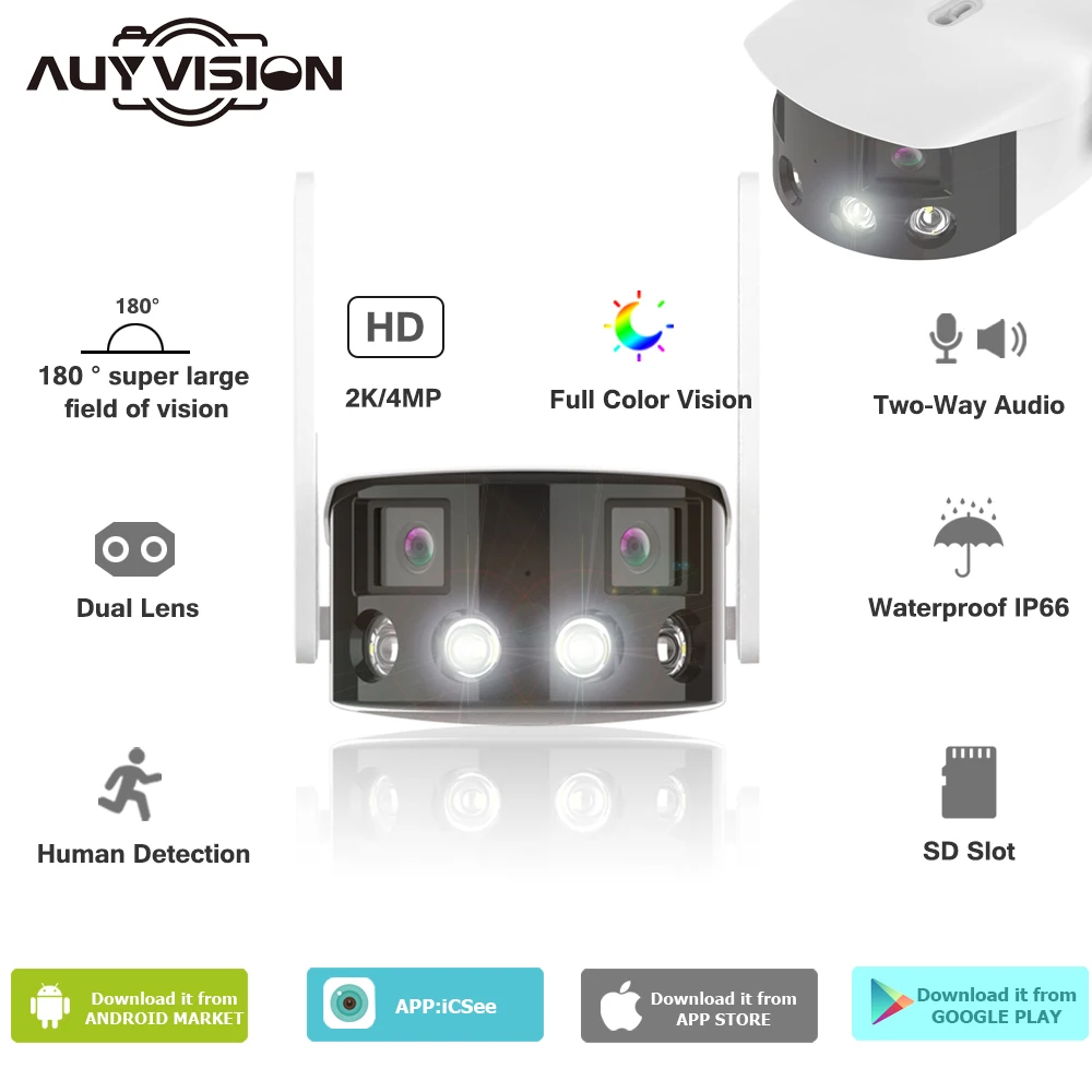 2K 4MP iCsee APP 180 Degree Wide Angle Dual Lens IP Camera Full Color Night Vision Humanoid Detection Home Security CCTV Monitor