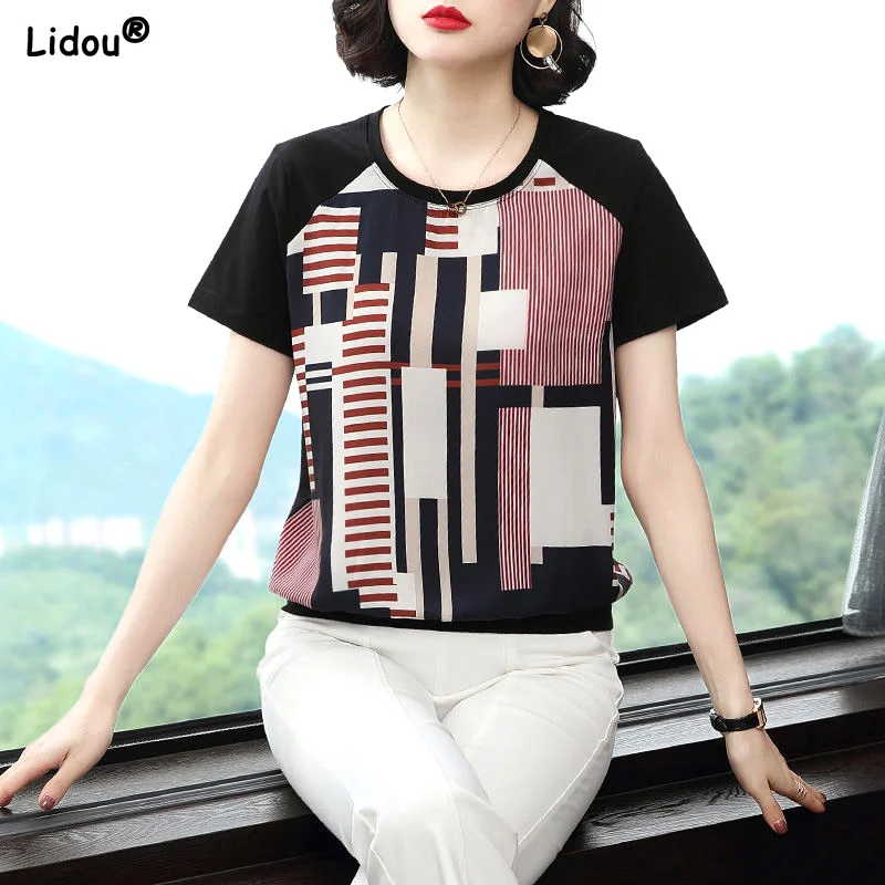 

Fashion Vintage Patchwork Simplicity Geometric Pullovers Loose Comfortable T-Shirts Thin Summer Tops Straight Women's Clothing