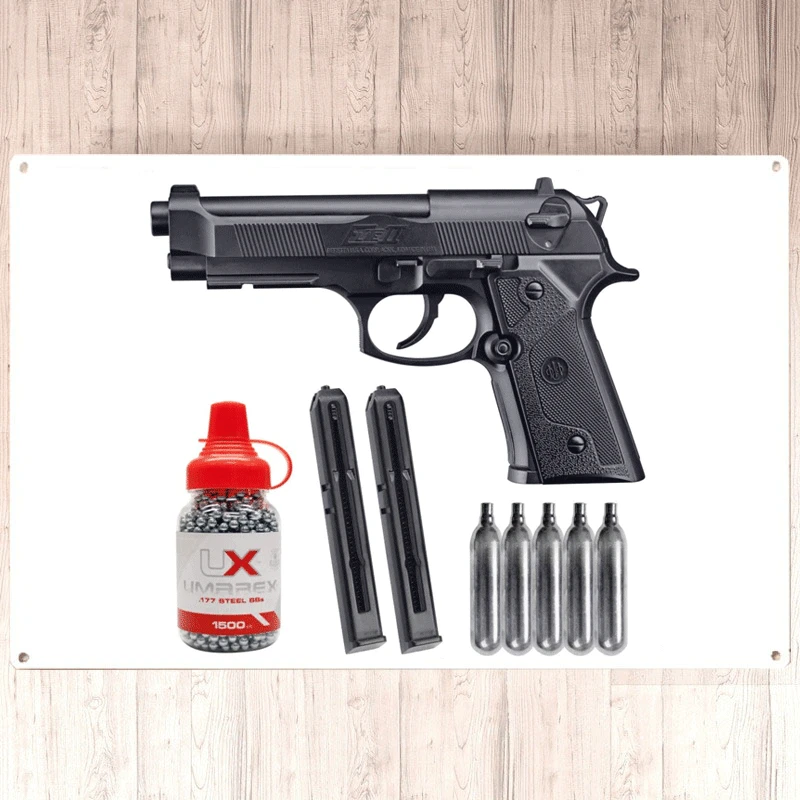 

New 2022 Beretta Elite II .177 Caliber 19rds CO2 Semiautomatic Air Pistol Air Black with Wearable4U Bundle Metal wall sign