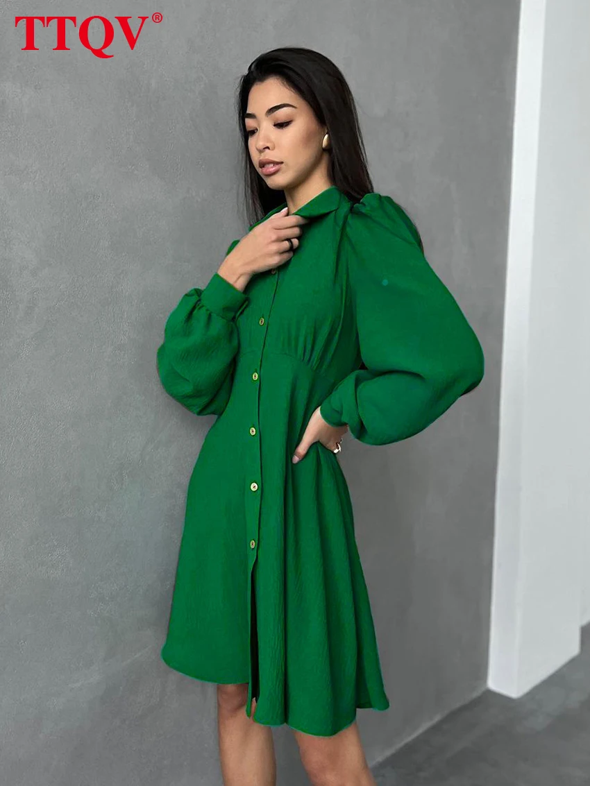 Модное зеленое мини-платье с отложным воротником TTQV повседневное однобортное