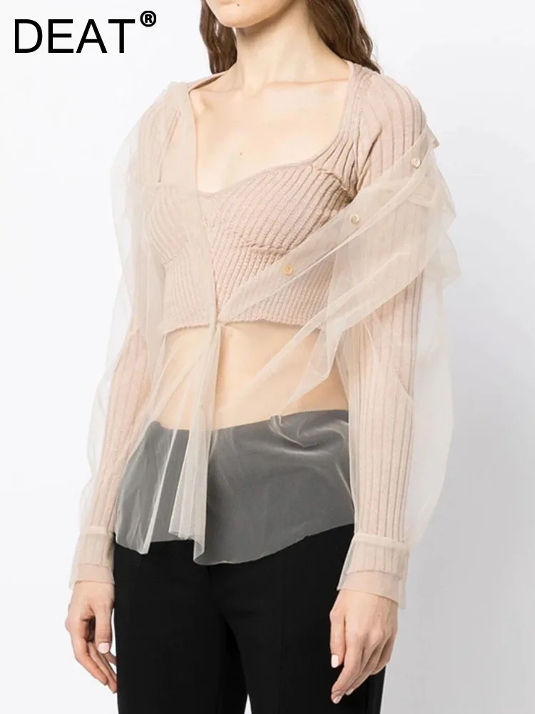 

Женский комплект из двух предметов DEAT, прозрачный газовый кардиган, тонкий короткий вязаный пуловер с длинным рукавом, костюм на весну 2023, н...