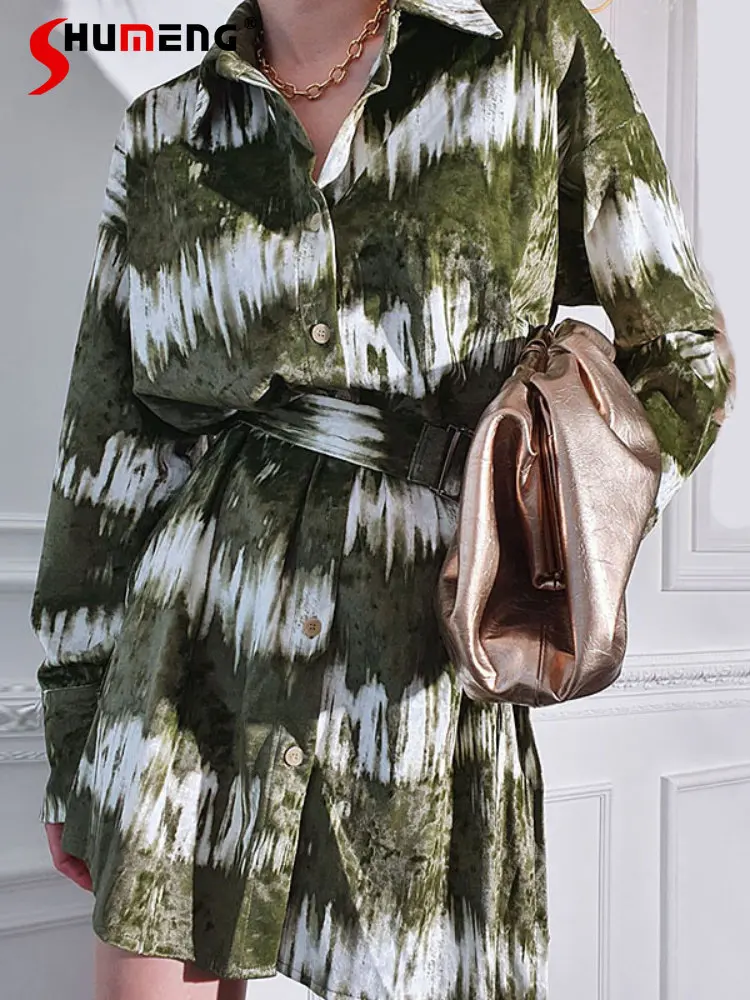 

Temperament Lapel Single Breasted Lace-up Short Shirt Dress French Style Woman Slimming Ink Blooming Shirt Dresses with Belt
