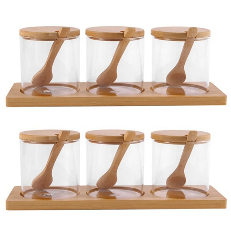 

Новинка-2 набора стеклянных контейнеров для приправ, Набор банок для сахарных мисок и специй с деревянной крышкой и основанием