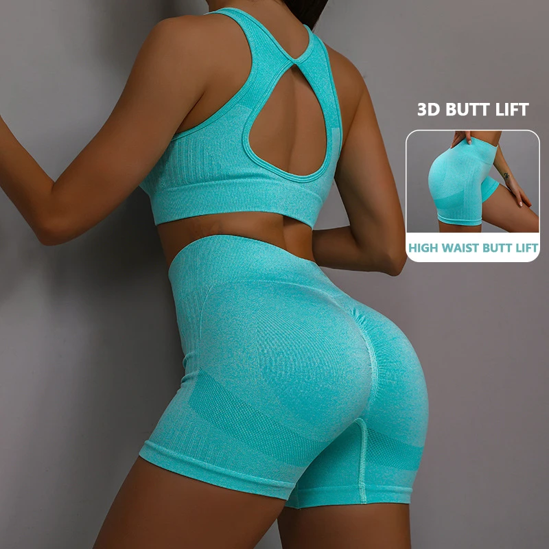 

2Pcs Women Yoga Sets Sports Fitness Running Peach Hip Lifting Suits Female Seamless High Waist Leggings Pants Sports Underwear