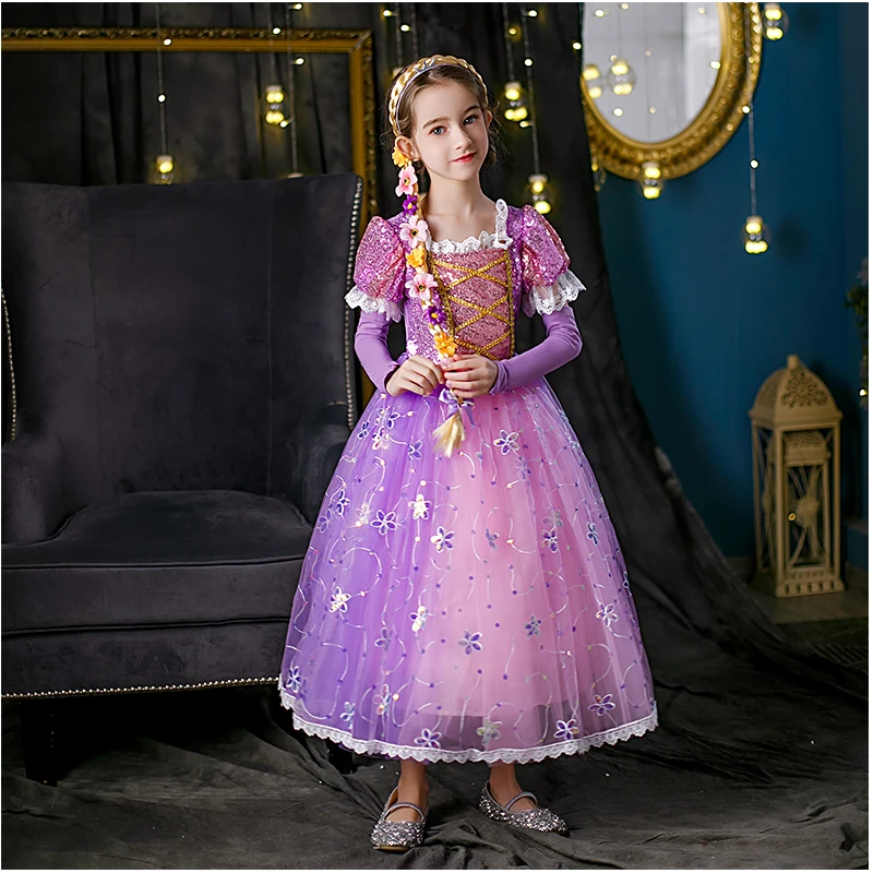 

Disney Frozen Dress Girls Puff Short Sleeve Flower Pattern Sequin Patchwork Lace Ruffle Dress with Sleeves Party Ball Gown