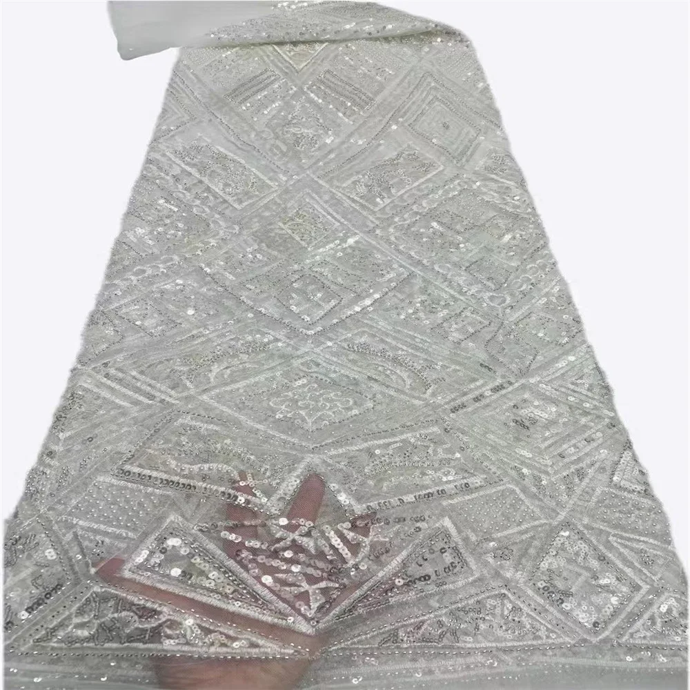 

Geometric Patterns Heavy Beading Sequins Tulle Mesh Lace Fabric Off White Wedding Dress Fabric 5Yards/lot V2105