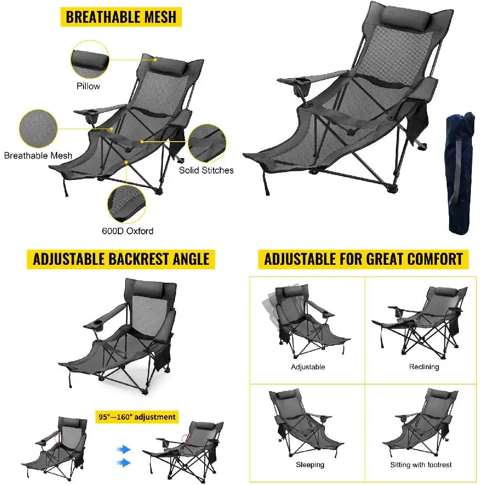 

Stylish 330 lbs Gray Camp Chair with Mesh Lounge, Cup Holder, Footrest & Storage Bag - Perfect for Outdoor Adventures!