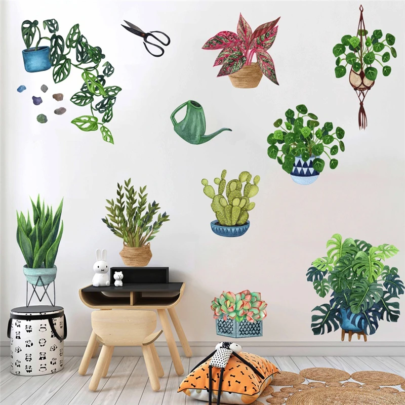 

Зеленые растения в горшке, хлорофитум, удобные зеленые листья, настенные наклейки для комнаты, спальни, свежий алоэ Мимоза, декоративный худ...