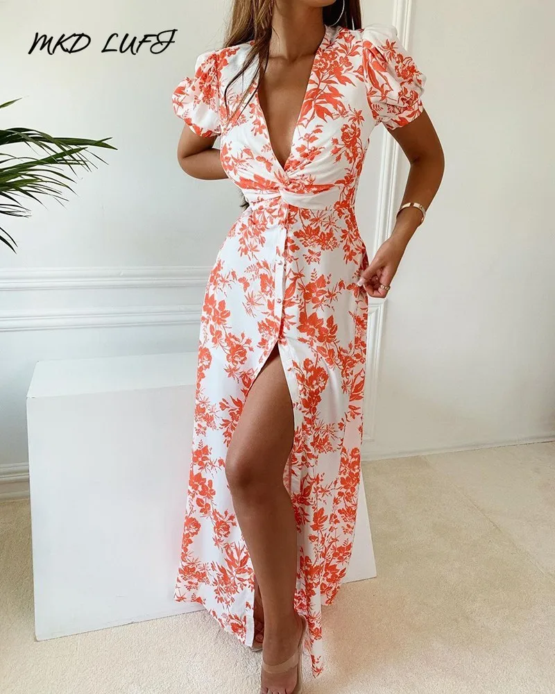 

MKDLUFI Puff Lantern Sleeve High Slit Twist Decor Plant Print Dress