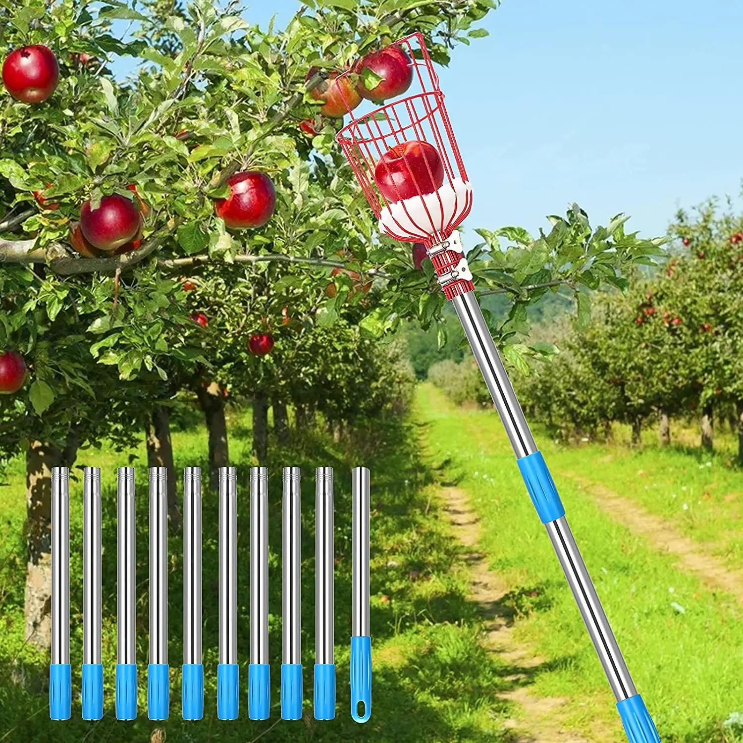 

Fruit Picker 4M- Height Adjustable Deep Basket Convenient Harvesting Collector Catcher Apple Peach Picking Farm Garden Tools