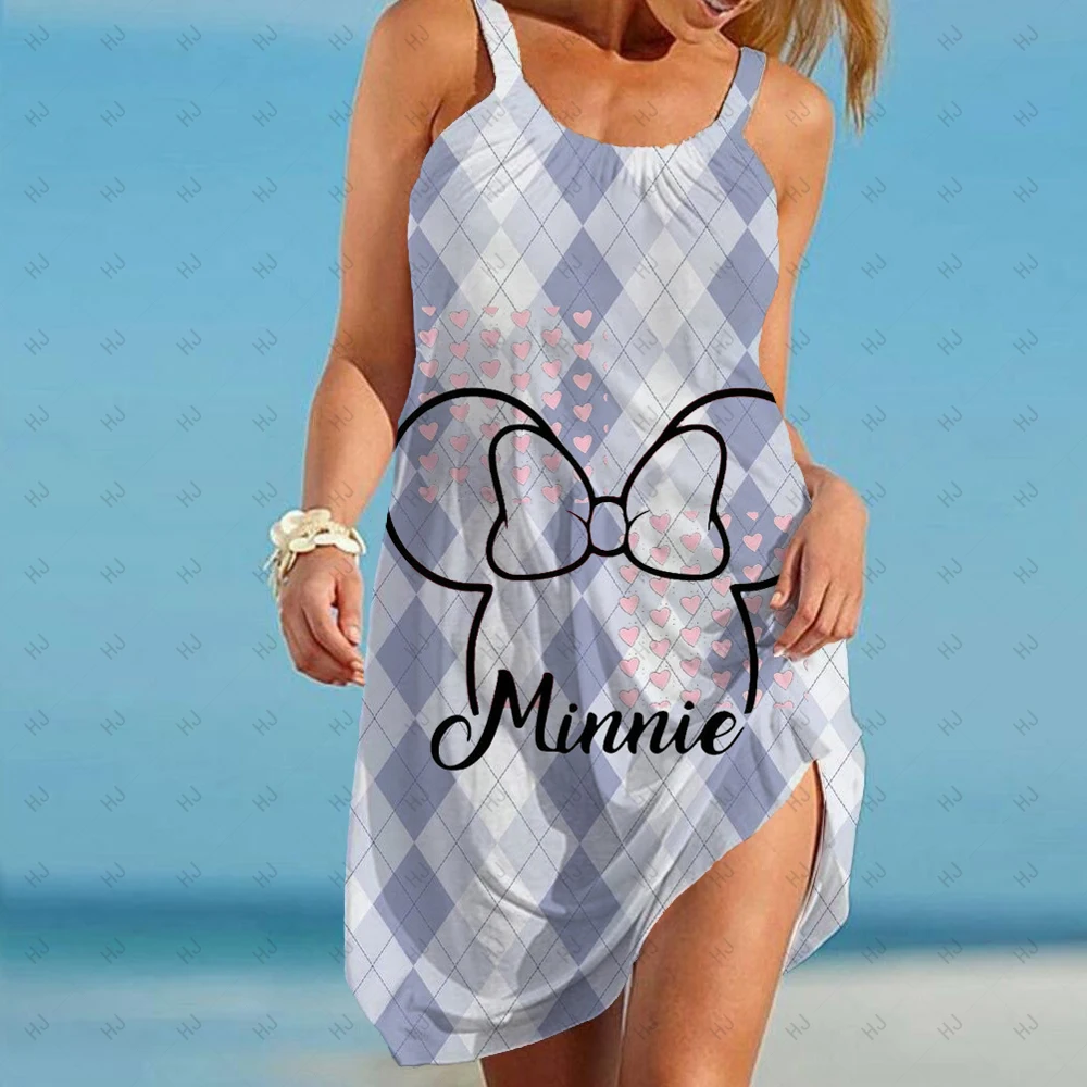 

Women Disney Mickey Mouse Love Cute Cartoon Print Summer Beach Dress Fashion Sexy Sleeveless Hem Loose Beach Sling Mini Dress