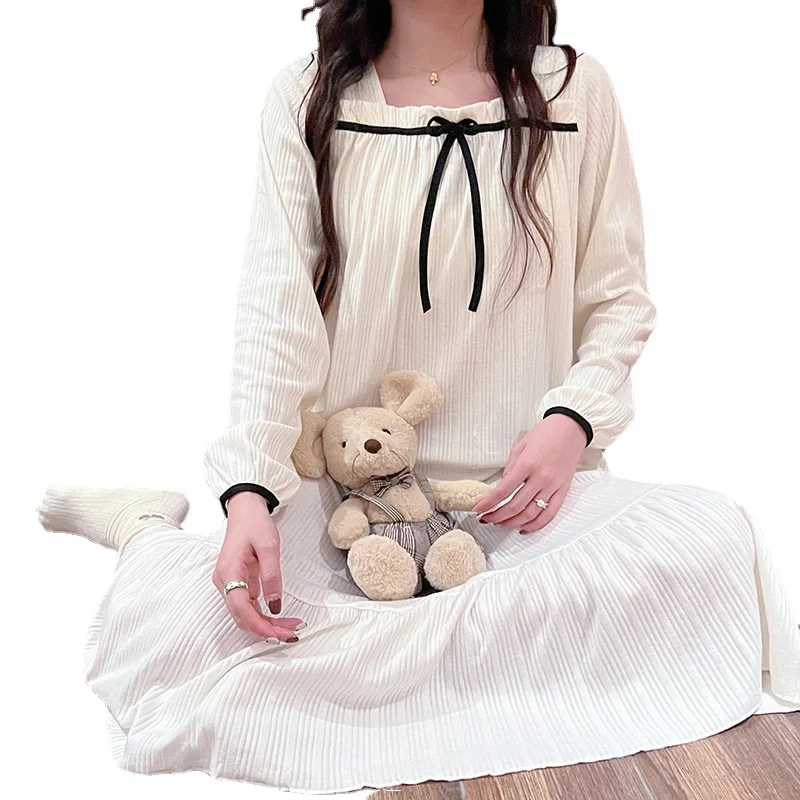 2023 New Spring and Autumn Milk Puddle Stripe Loose Leisure Fashion Comfortable Long Nightdress,Sleepwear and Homewear for Women