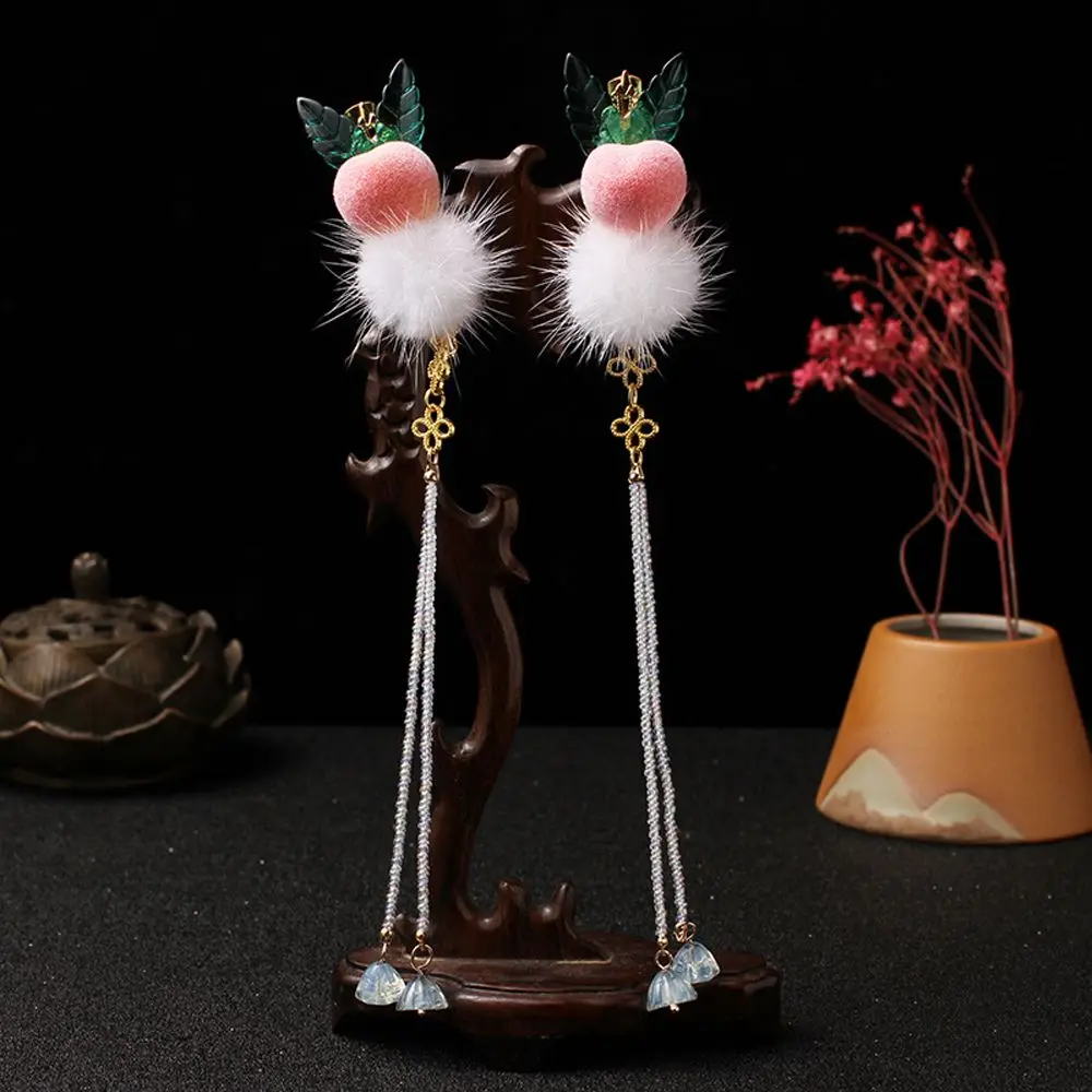 

Graceful Delicate Peach Leaf Hair Clips Fairy Tassel Plush Ball Design Hair Pins Antique Chinese Style Hair Accessories