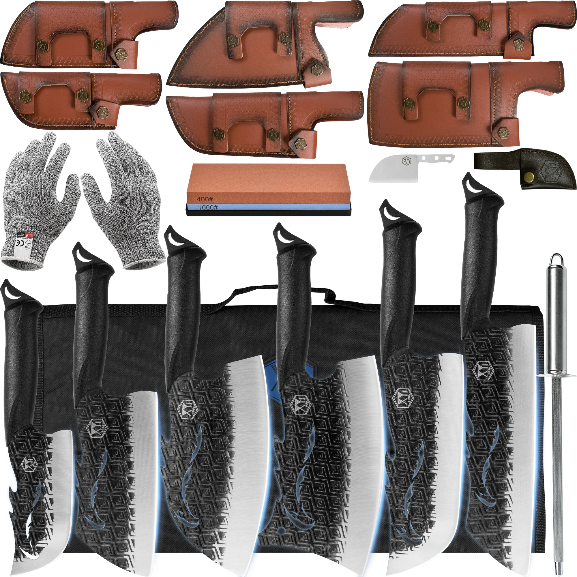 

XYJ 10pcs Leather Sheath Knife Set Stainless Steel Chopping Blade Plastic Handle Non-stick Chopping Cleaver Set With Bag