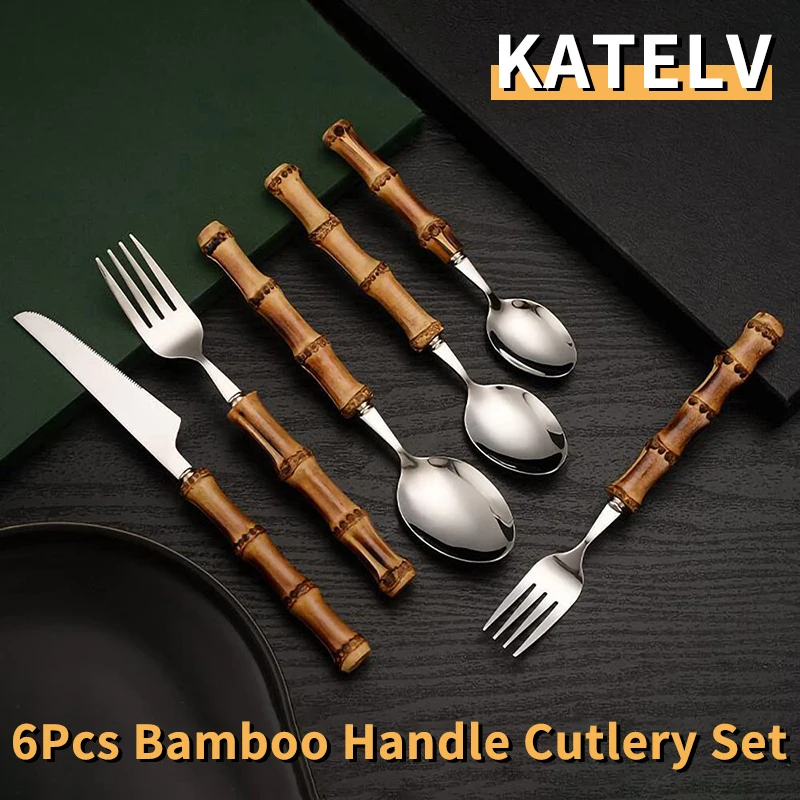 6 шт. столовая посуда из натурального бамбука набор роскошной посуды нержавеющей
