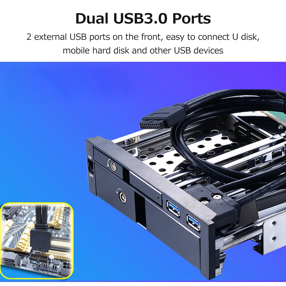 5.25 inch Internal Dual Slot Hard Disk Case Serial ATA HDD/SSD Enclosure Tool-free Design with 2 USB3.0 Ports Safety Locks |