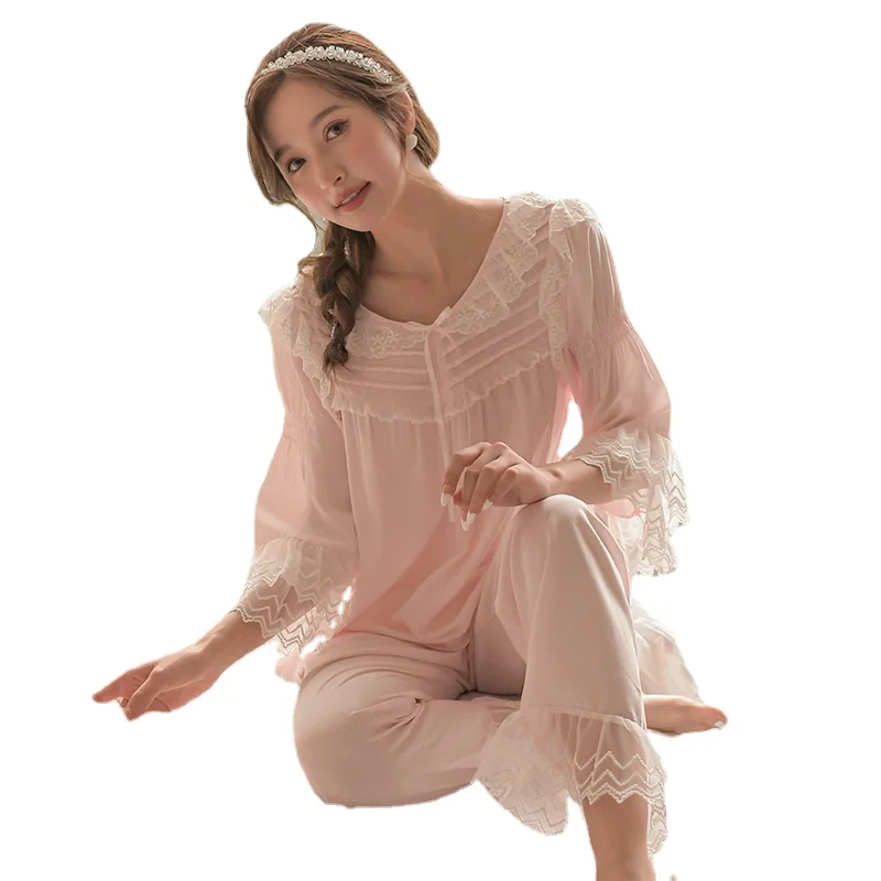 French Court Style Sweet Nightwear Women's Spring Autumn Long Sleeve Princess Fairy Lace Home Clothes 2Pcs Set Girl Sleepwear