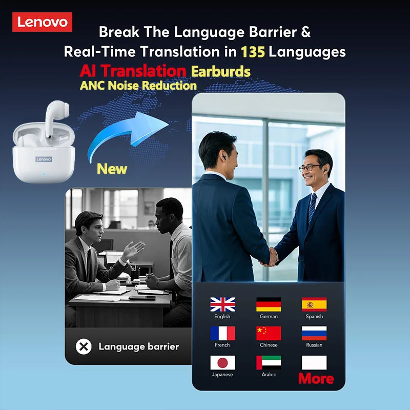 Фото Lenovo LP40 Pro Translation Earburds TWS Bluetooth Перевод в реальном времени Долговечные наушники с искусственным интеллектом Дорожный переводчик Гарнитура №3