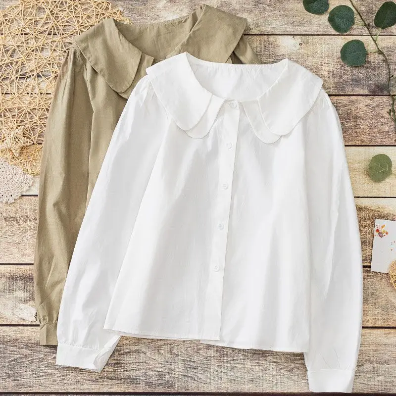 

Шикарная модная женская многослойная рубашка из хлопка с воротником «Питер Пэн», Весенняя японская винтажная однотонная универсальная блузка, топы для женщин
