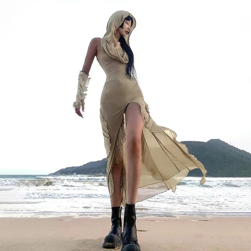 

Y2K Sexy Split Party Dresses Ruffles Mesh Sleeveless Midi Hooded Dress Summer Beach Club Fashion Outfits