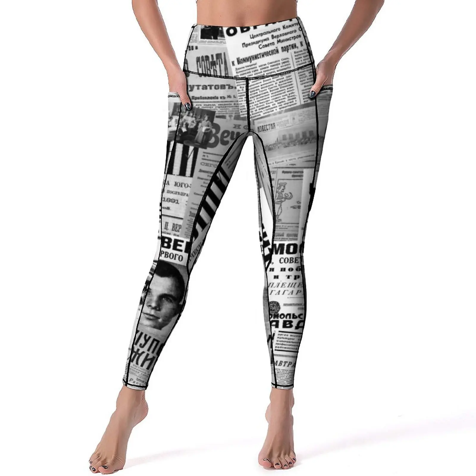 

Russian Newspapers Yoga Pants Newspaper Leggings Sexy High Waist Fashion Yoga Sports Tights Stretch Custom Work Out Leggins