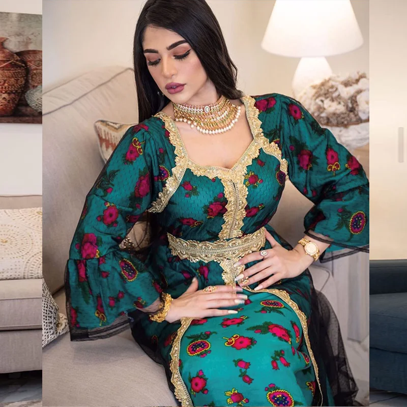 Abayas For Women Middle Eastern Ethnic Print Embroidery Lace Gauze Dress Dubai Muslim Woman Robe Femme Musulmane