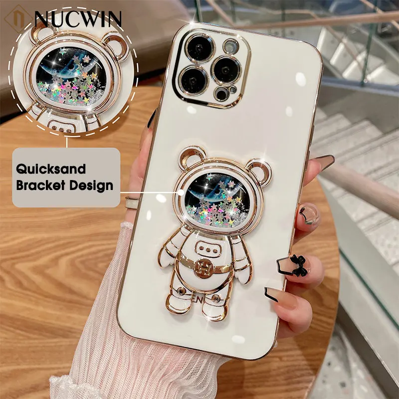 

Cute Quicksand Glitter Bear Astronaut Bracket Case For iPhone 14 13 12 11 Pro Max X Xr Xs Max 8 7 6 Plus SE Plating Stand Cover