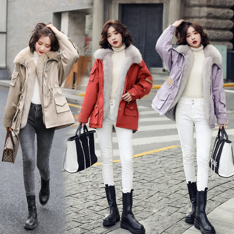 Women's Clothing 2022 Winter New Temperament Plush Warm Big Wool Collar Cotton Coat Women