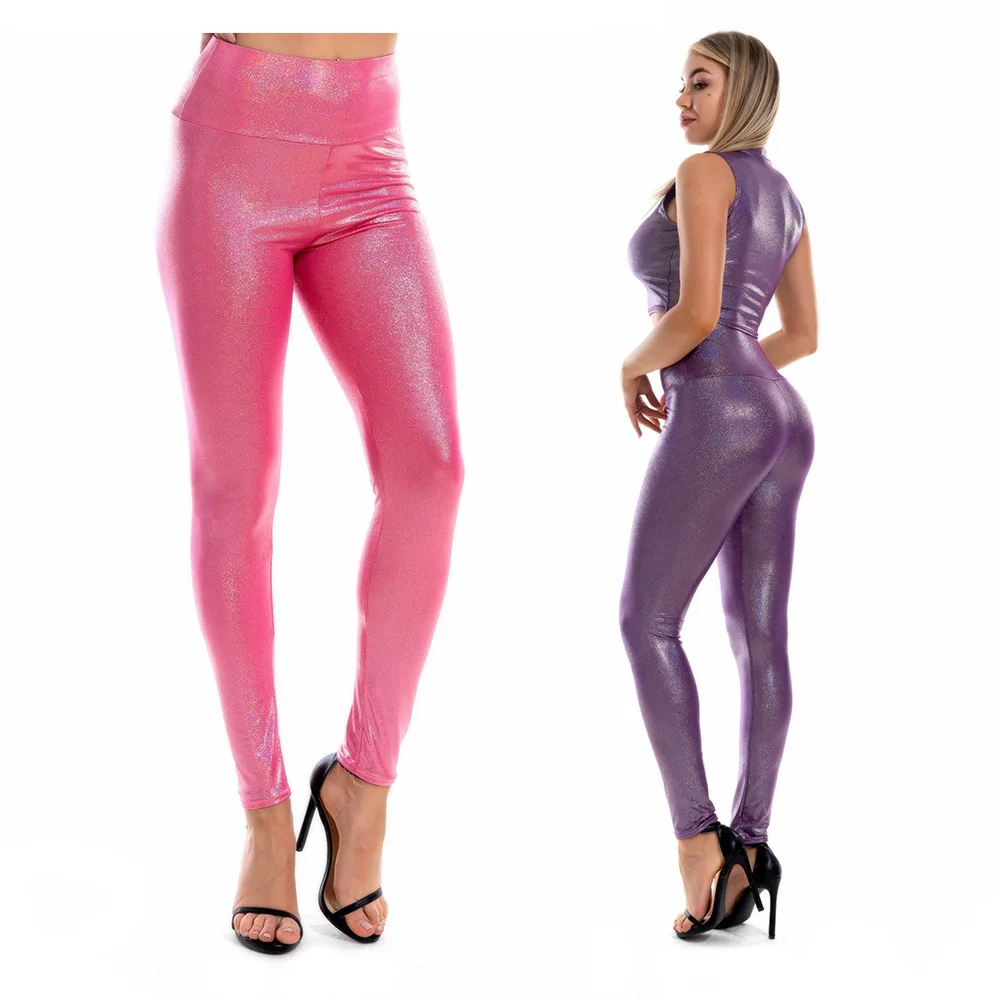 

Women Shiny Patent Leather Metallic Dance Leggings High Waisted Full Length Performance Costumes Spandex Pants Adult Trousers