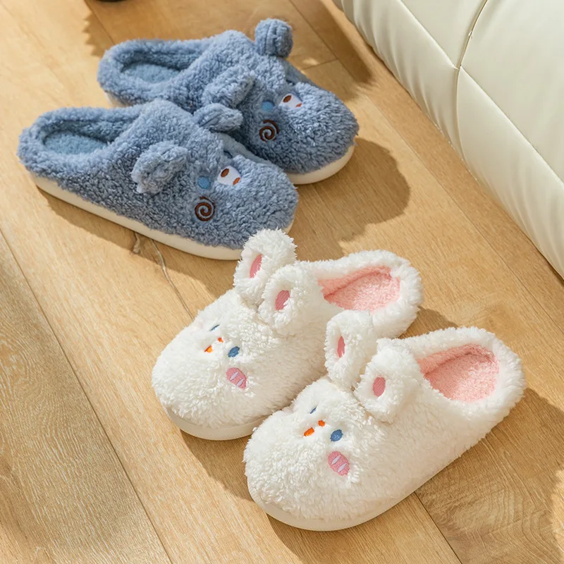 Cartoon Cute Bunny Slippers for Women Autumn and Winter Indoor Home Couple Slippers Warm Faux Fur Slippers Fluffy Cotton Shoes