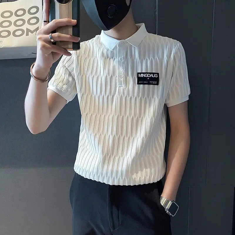 

Casual Solid Color Stylish Button Polo Shirts Korean Patch Design Summer New Short Sleeve All-match Men's Clothing Slim T-shirts