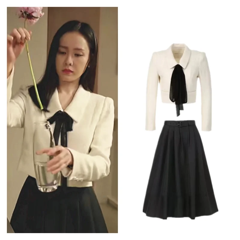 

2 Pieces Set Women Korean Drama Thirty-nine Elegant Short Jacket Female A Line Black Skirt Women Two Pieces Sets
