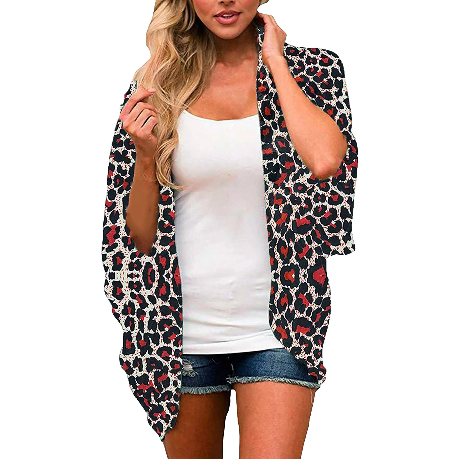 

Women Fashion Floral Print Chiffon Cardigan Short Sleeve Loose Beach Wear Cover Up Blouse Top