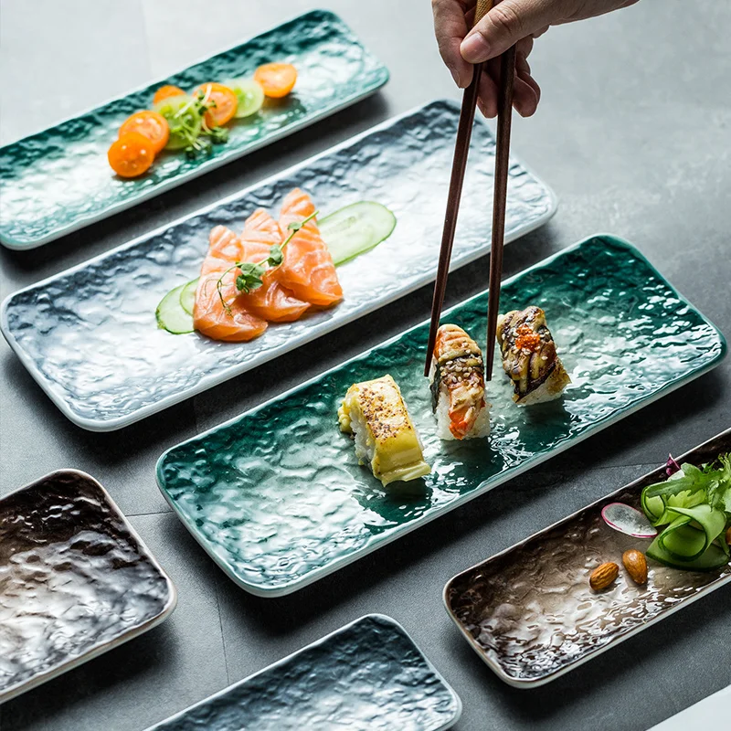 

Nordic Ceramic Rectangular Sushi Long Plate Dessert Cake Snack Western Food Salmon Sashimi Grilled Chicken Wings Plate Japanese