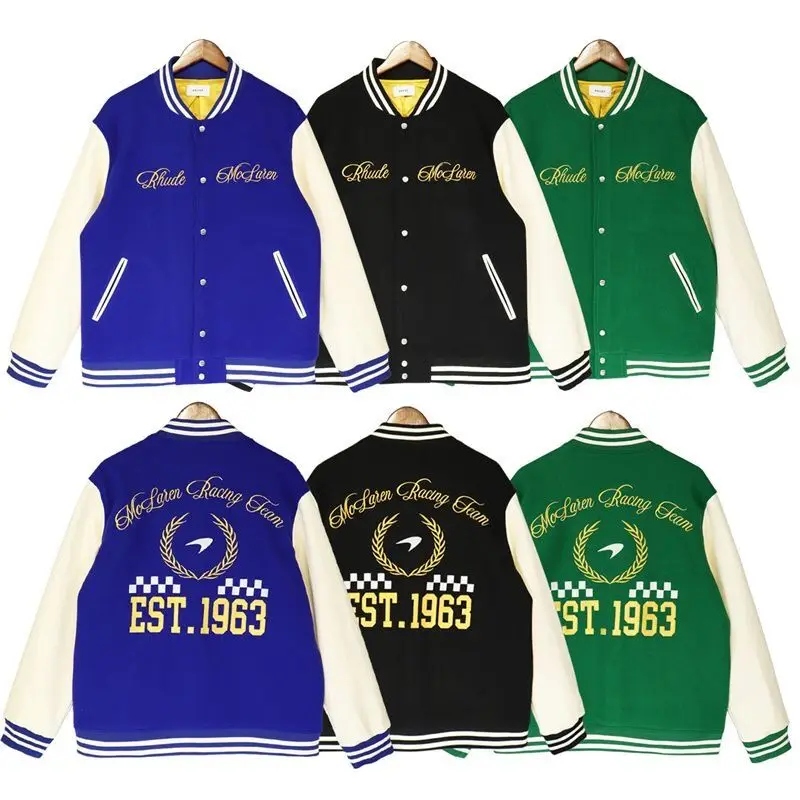 

2023 New RHUDE Floral Embroidery Badge Baseball Uniform Men's and Women's High Street Casual Loose Bomber Jacket Outerwear