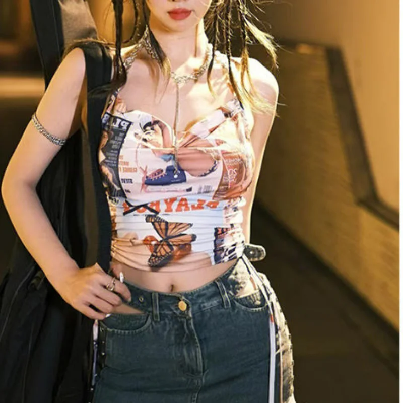 

Halter Chain Design Sense Crop Top Y2k Butterfly Print Vest Tees Sexy Off-shoulder Sleeveless Drawstring Slim Women T-shirts